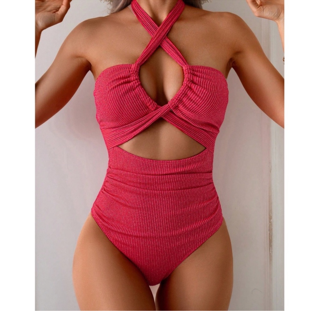 Ribbed Cut Out Halter Tie One Piece Monokini Swimsuit S M L XL